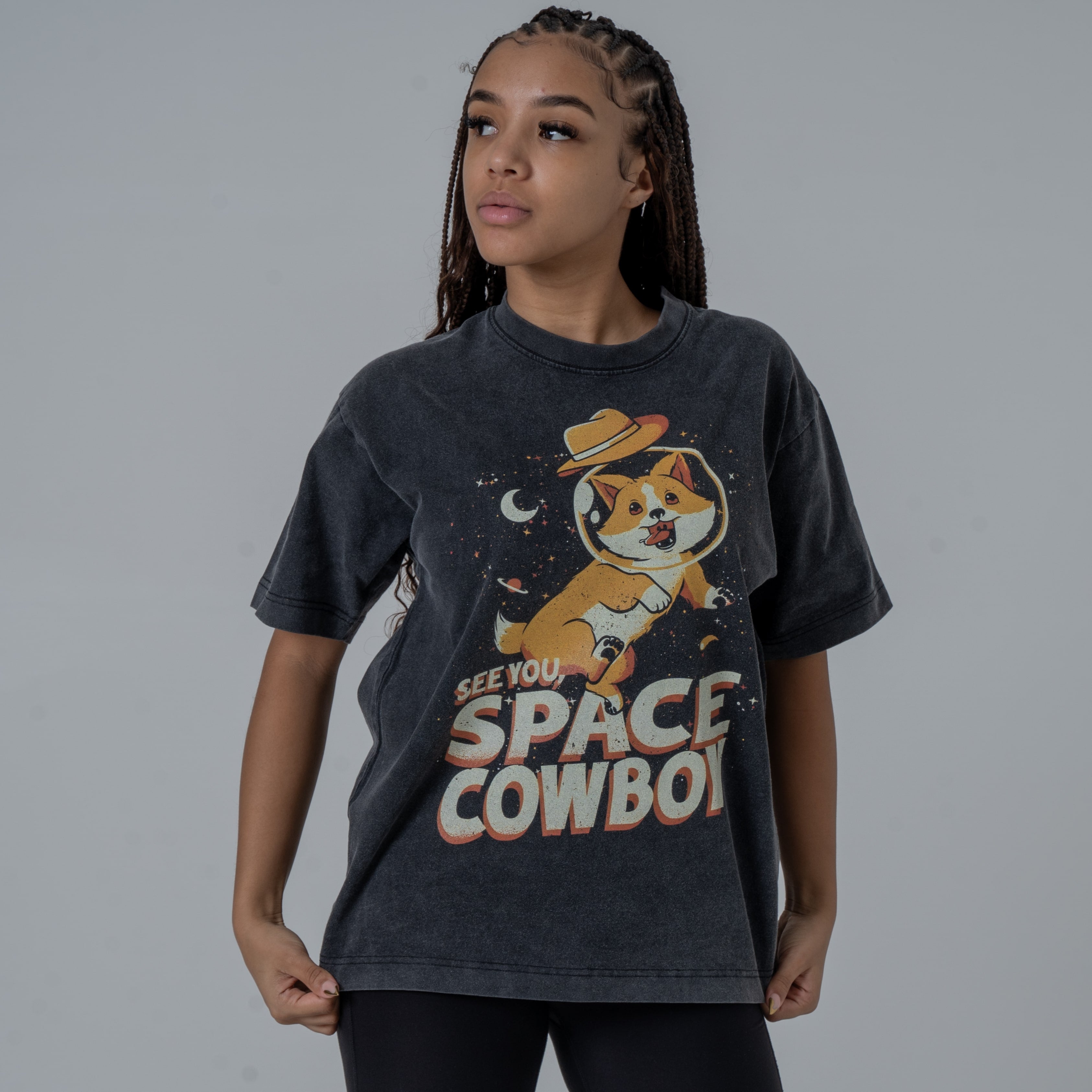 Half Body Shot of a Female Model Wearing Black Vintage Washed Shirt Featuring Ein From Cowboy Bebop Anime with See You Space Cowboy Text.