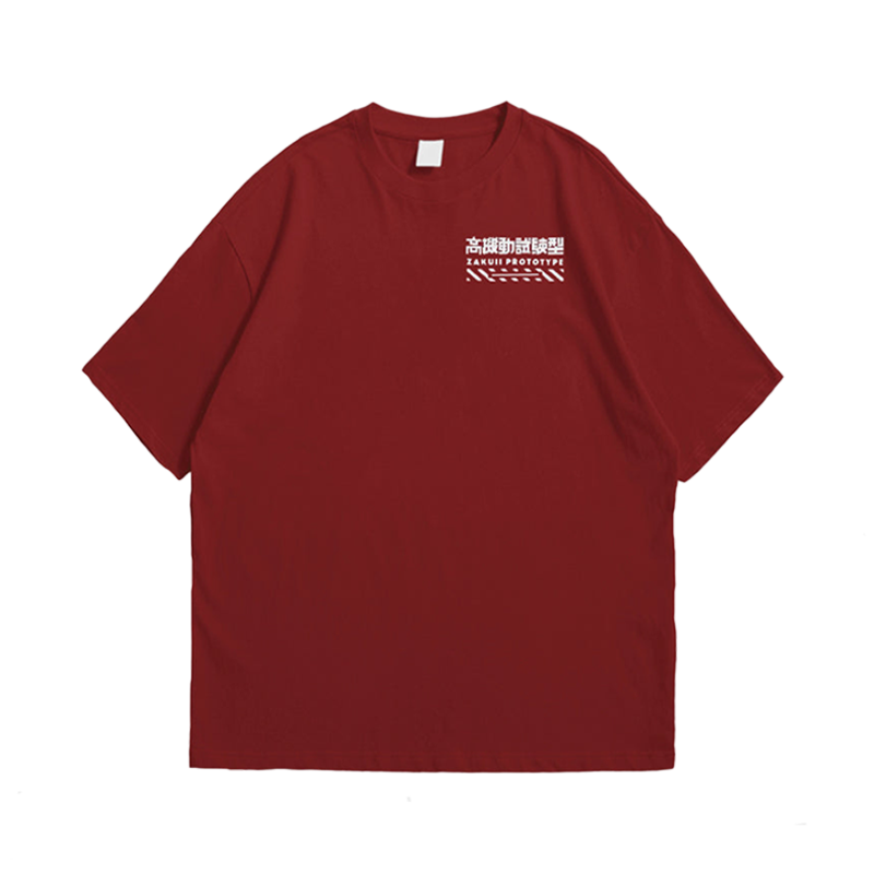 Red T-shirt featuring a Zaku II Prototype text in English and Japanese from Gundam Anime.