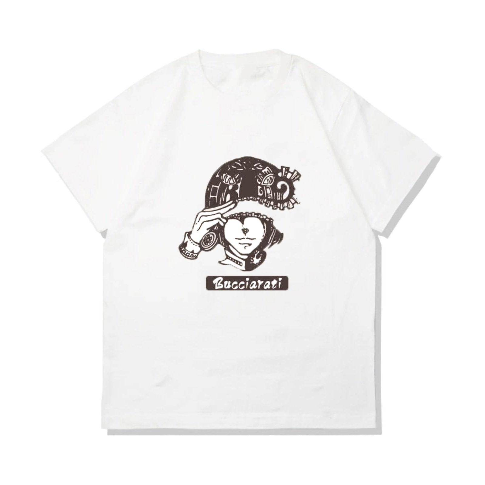 White T-shirt featuring a black graphic illustration of Bruno Bucciarati from JoJo’s Bizarre Adventure