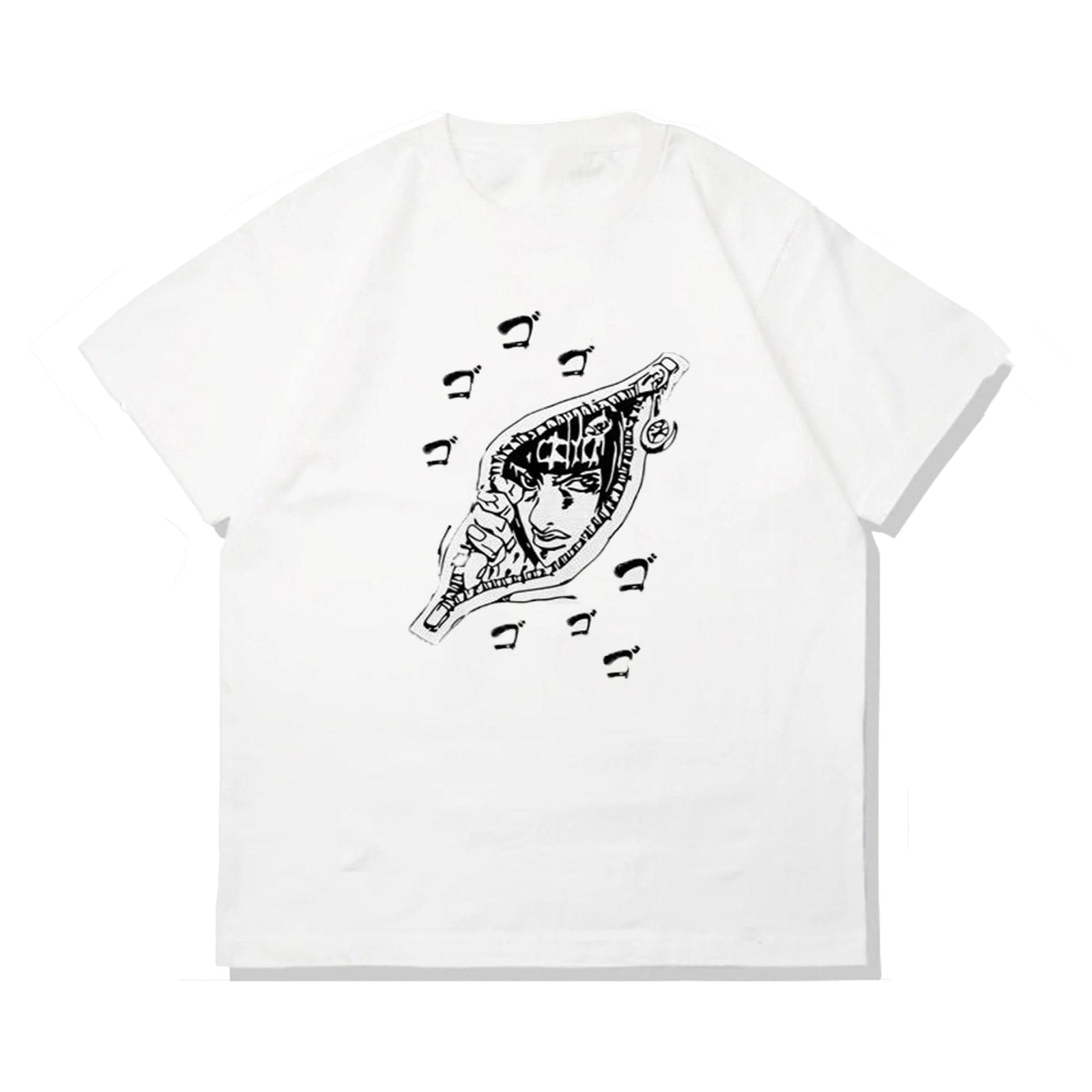 White T-shirt featuring black graphic Bruno Bucciarati from JoJo’s Bizarre Adventure peeking through a zipper