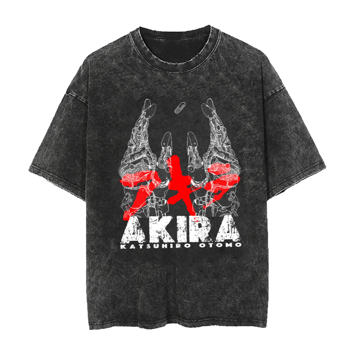 Vintage-style black washed T-shirt featuring a bold Akira anime graphic with white mechanical hand outlines.