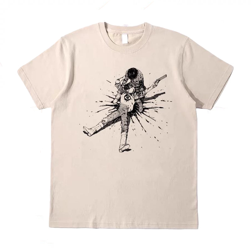 Beige T-shirt featuring a black graphic of Yamagata's death scene from the Akira anime.