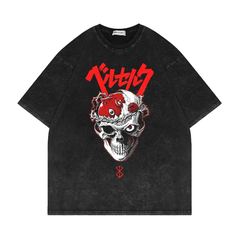 Black t-shirt featuring Skull Knight and Behelit from Berserk Anime