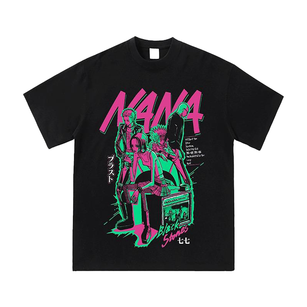 Black t-shirt with green and pink graphic design of NANA Anime.