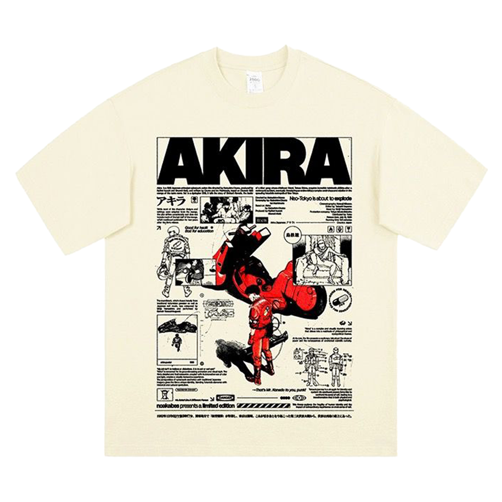 Beige Akira anime T-shirt featuring an infographic-style graphic design with Tetsuo and his red motorcycle.